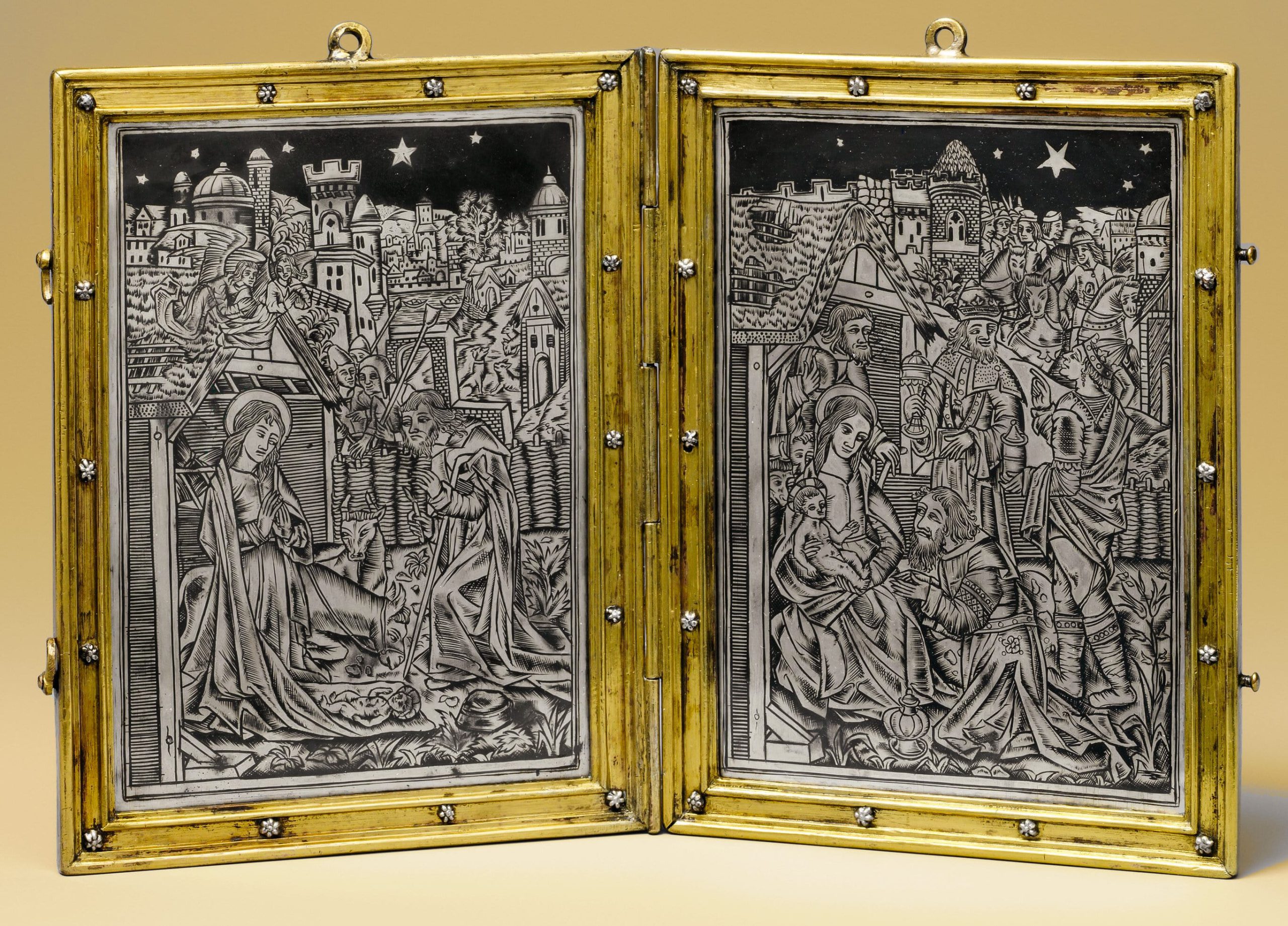 تابلو دوگانه عبادی با ولادت و ستایش حکاکی شده با نیلو